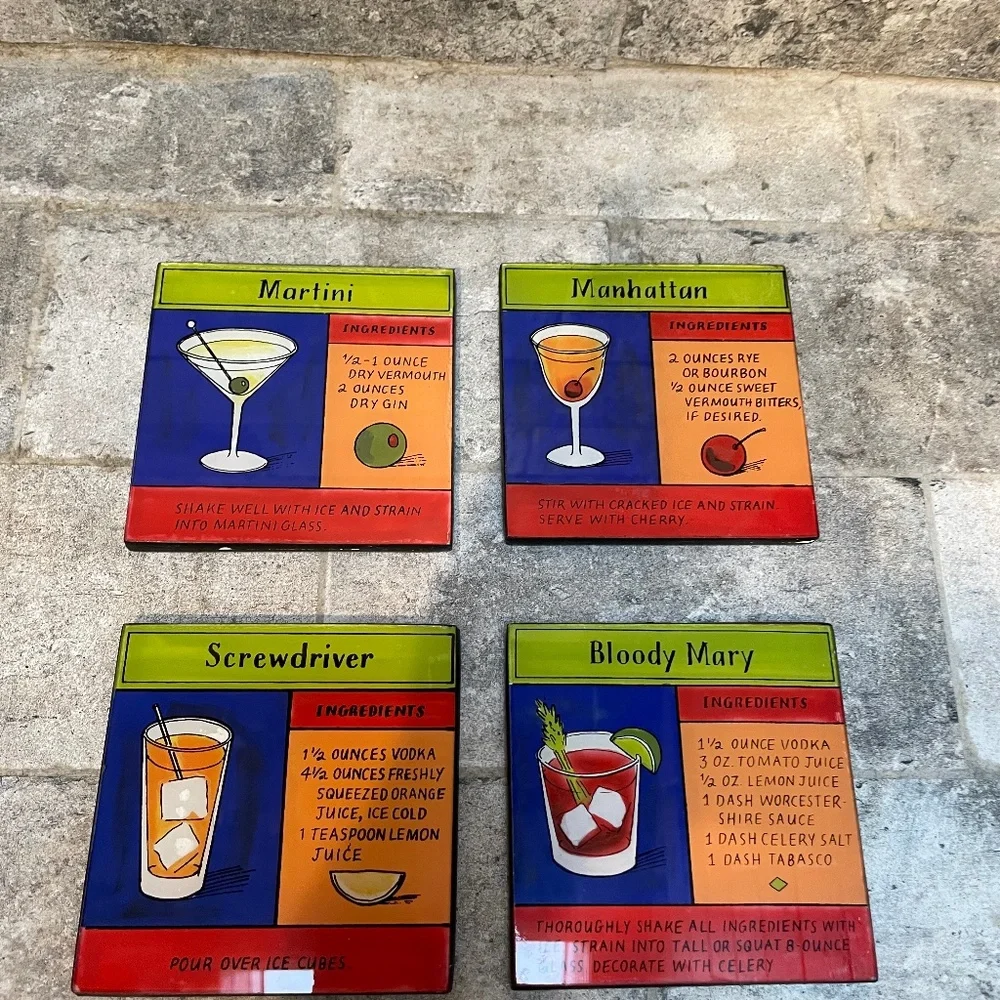 ❤️ CRATE & BARREL PAINTED DRINK RECIPE COASTERS SET OF 4 NEW